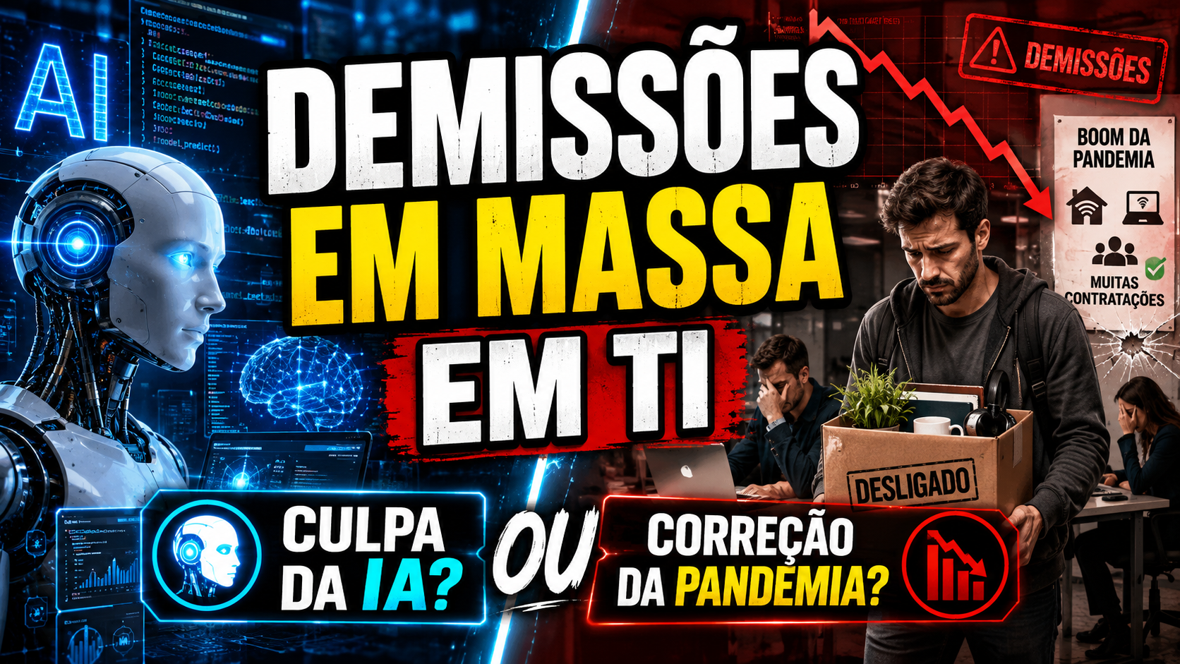 Thumbnail dividida entre uma inteligência artificial em tons azuis e profissionais de TI demitidos em um escritório vermelho, com gráficos em queda e a frase “Demissões em massa em TI”.